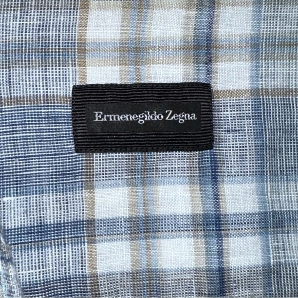 Ermenegildo Zegna Linen Blue/Gray Plaid Shirt Spread Collar XL - Picture 6 of 13